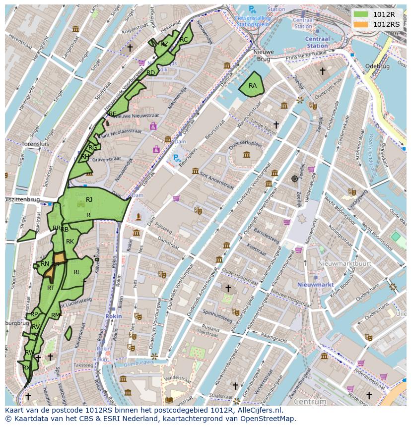 Afbeelding van het postcodegebied 1012 RS op de kaart.