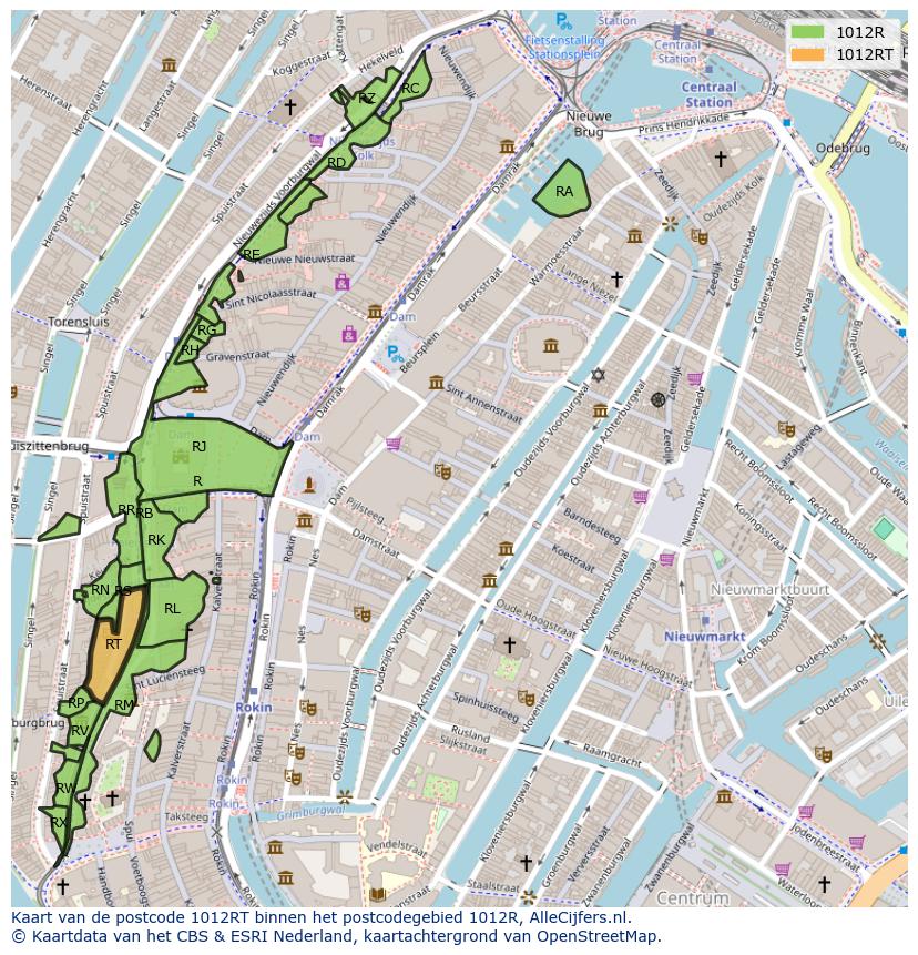 Afbeelding van het postcodegebied 1012 RT op de kaart.