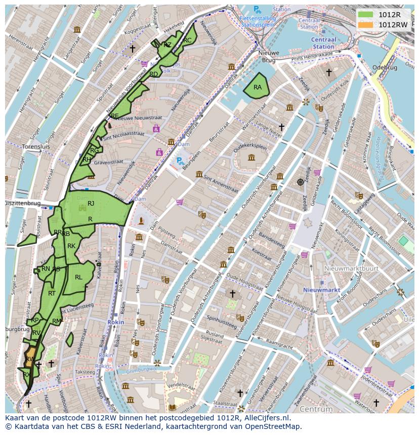 Afbeelding van het postcodegebied 1012 RW op de kaart.