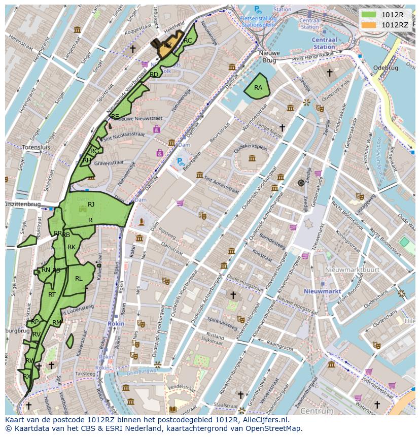 Afbeelding van het postcodegebied 1012 RZ op de kaart.