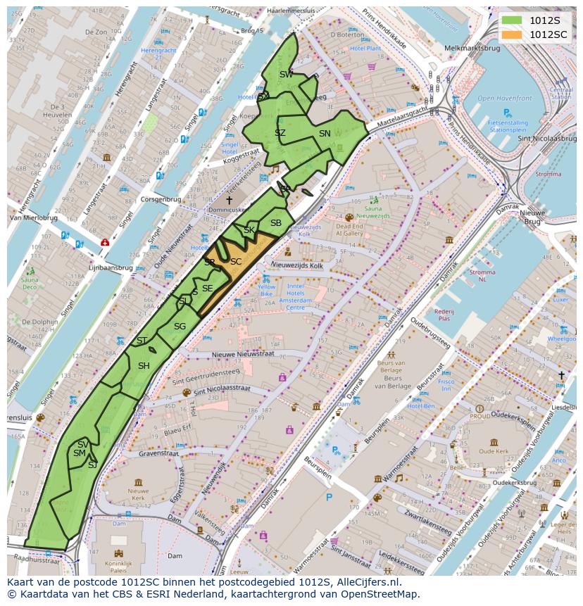 Afbeelding van het postcodegebied 1012 SC op de kaart.