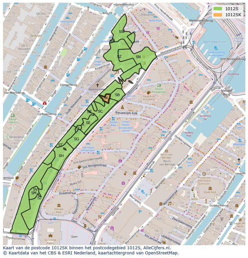 Afbeelding van het postcodegebied 1012 SK op de kaart.