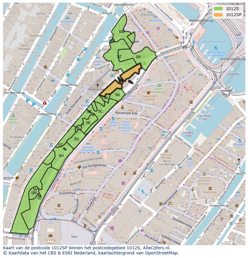 Afbeelding van het postcodegebied 1012 SP op de kaart.
