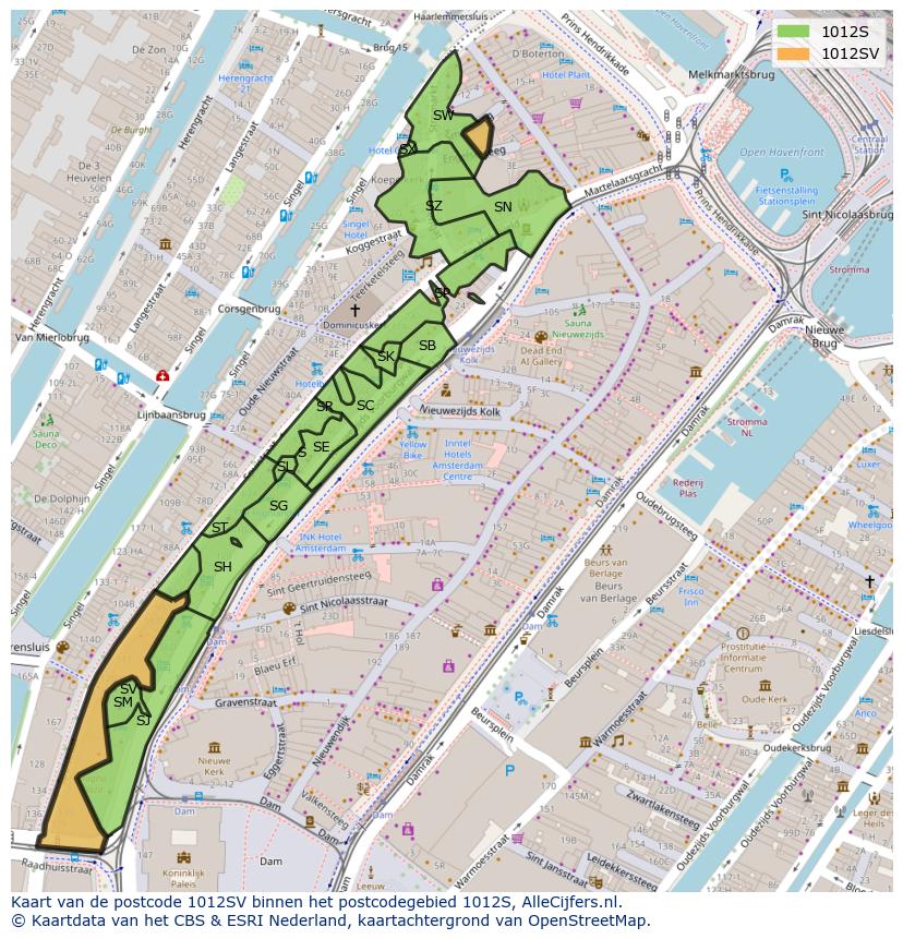 Afbeelding van het postcodegebied 1012 SV op de kaart.