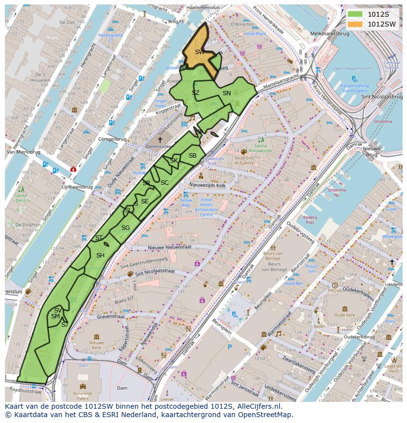 Afbeelding van het postcodegebied 1012 SW op de kaart.