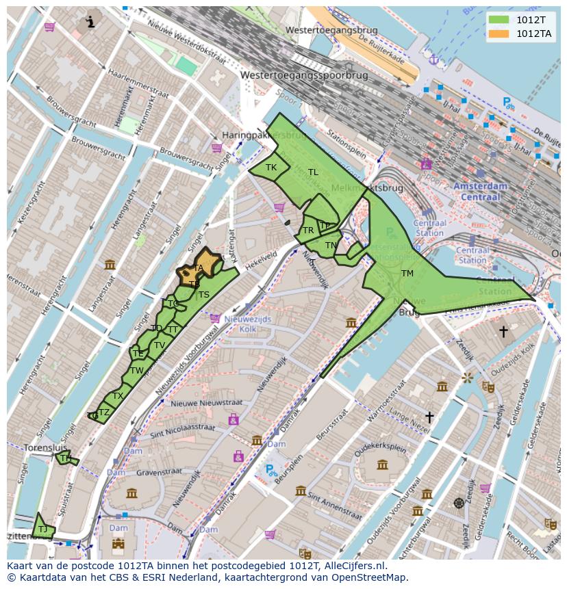 Afbeelding van het postcodegebied 1012 TA op de kaart.