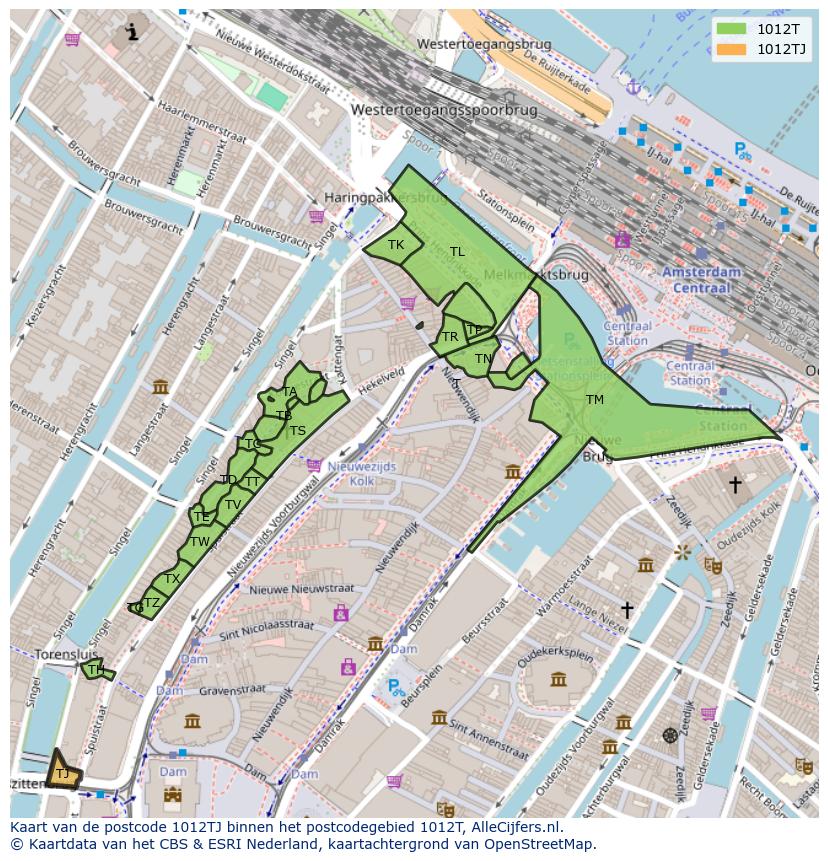 Afbeelding van het postcodegebied 1012 TJ op de kaart.