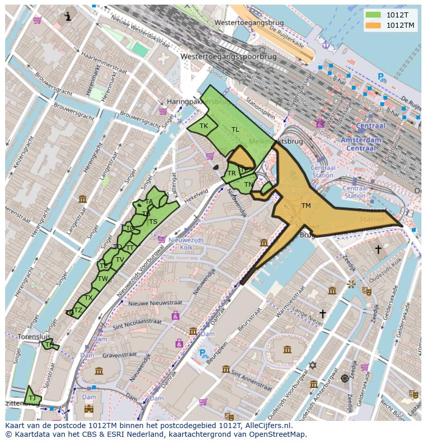 Afbeelding van het postcodegebied 1012 TM op de kaart.