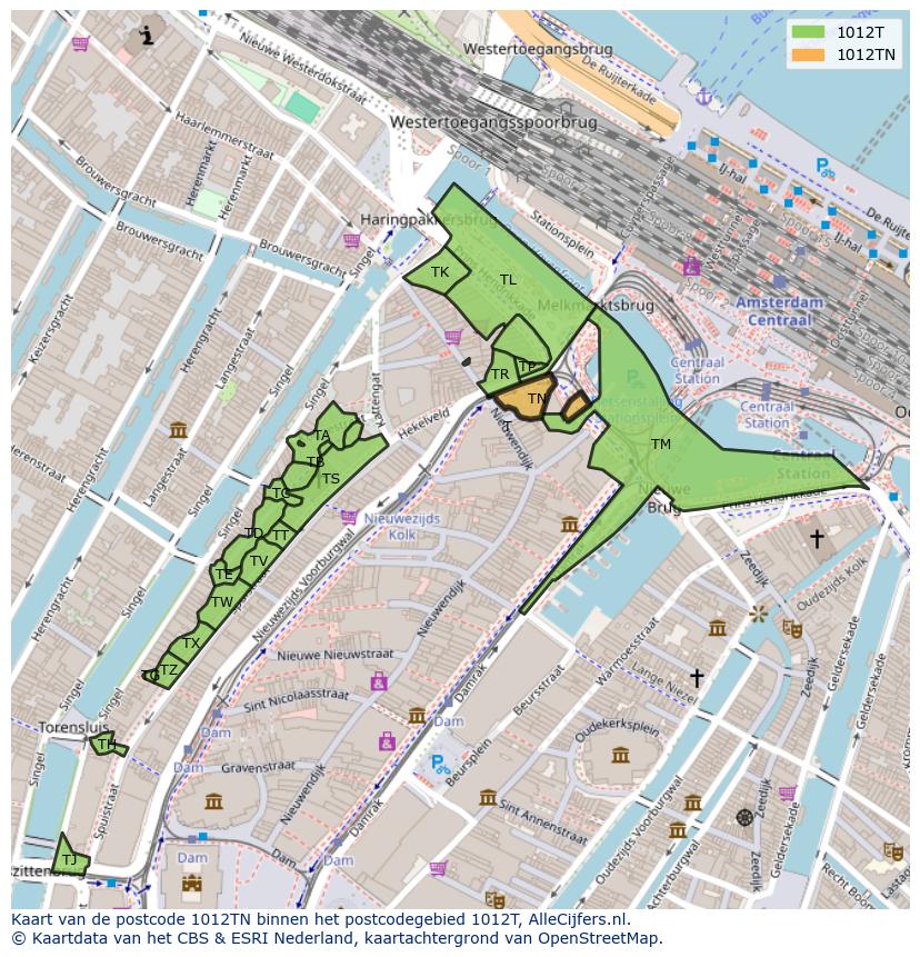 Afbeelding van het postcodegebied 1012 TN op de kaart.