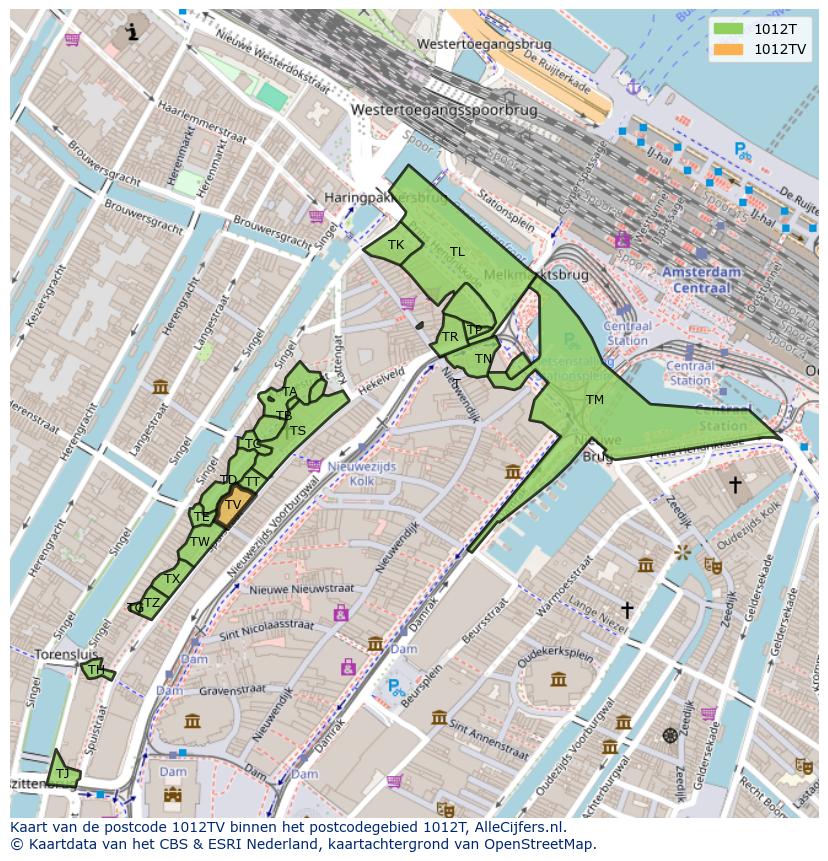 Afbeelding van het postcodegebied 1012 TV op de kaart.