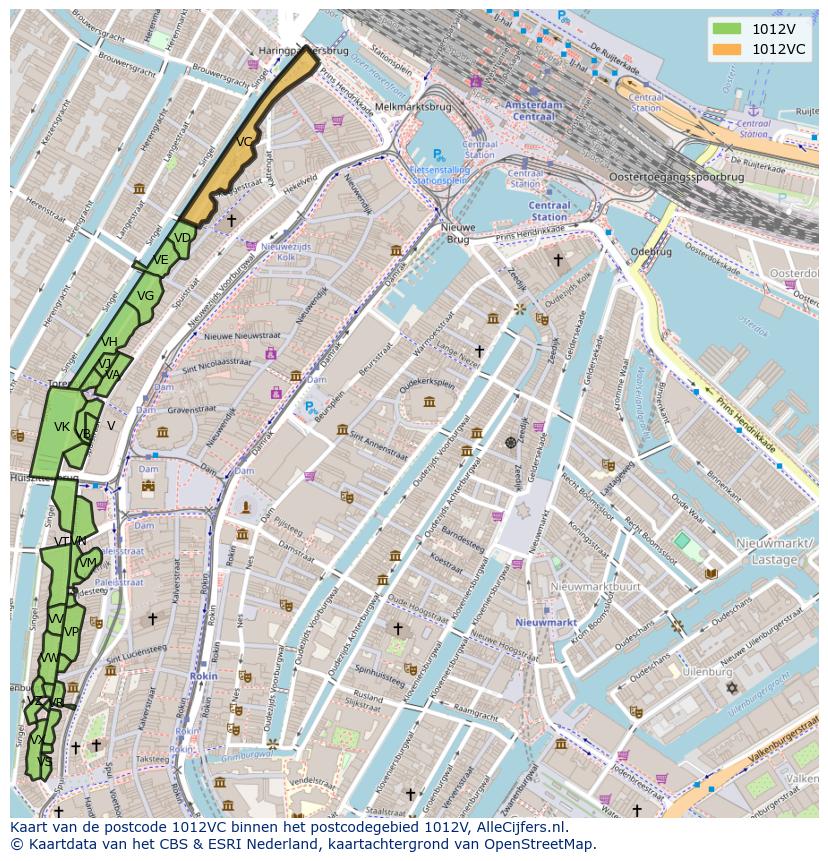 Afbeelding van het postcodegebied 1012 VC op de kaart.