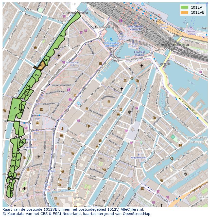 Afbeelding van het postcodegebied 1012 VE op de kaart.