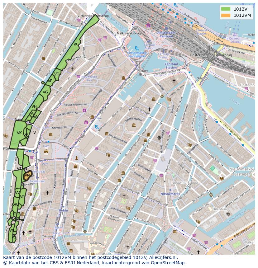 Afbeelding van het postcodegebied 1012 VM op de kaart.