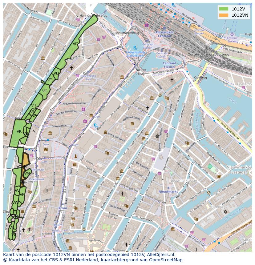 Afbeelding van het postcodegebied 1012 VN op de kaart.