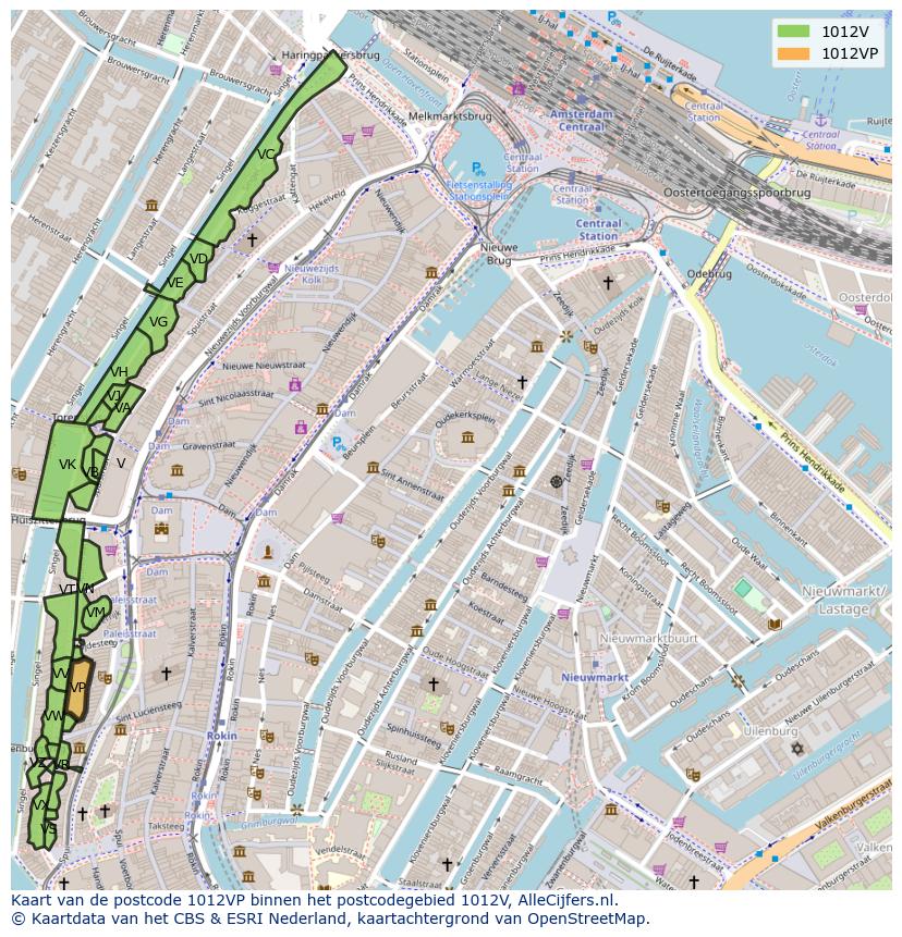 Afbeelding van het postcodegebied 1012 VP op de kaart.