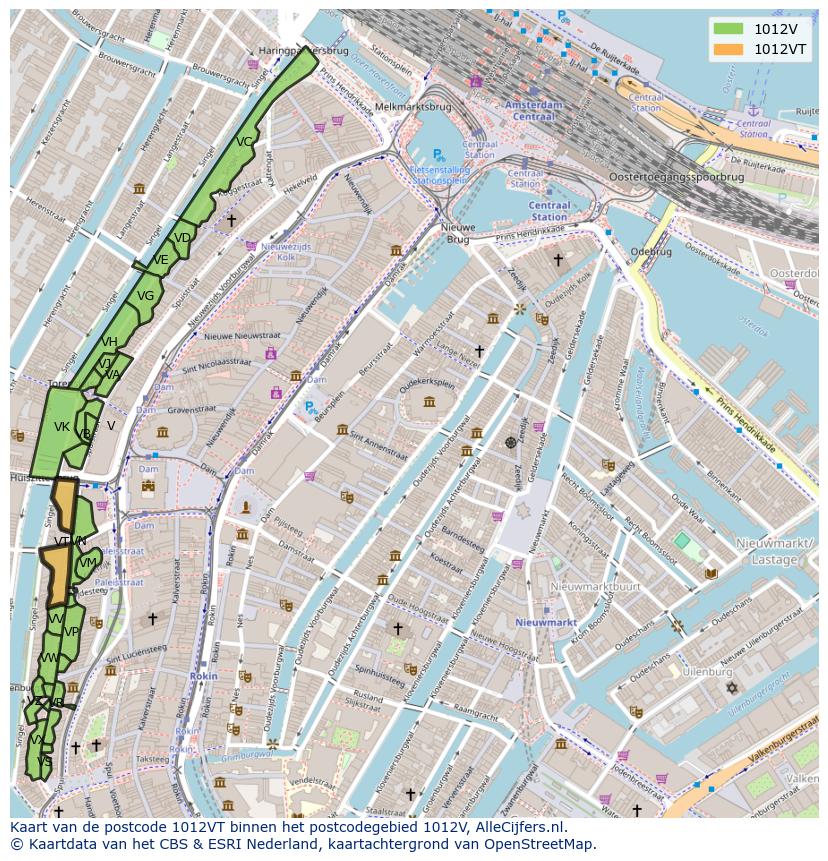 Afbeelding van het postcodegebied 1012 VT op de kaart.