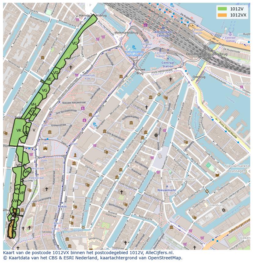 Afbeelding van het postcodegebied 1012 VX op de kaart.