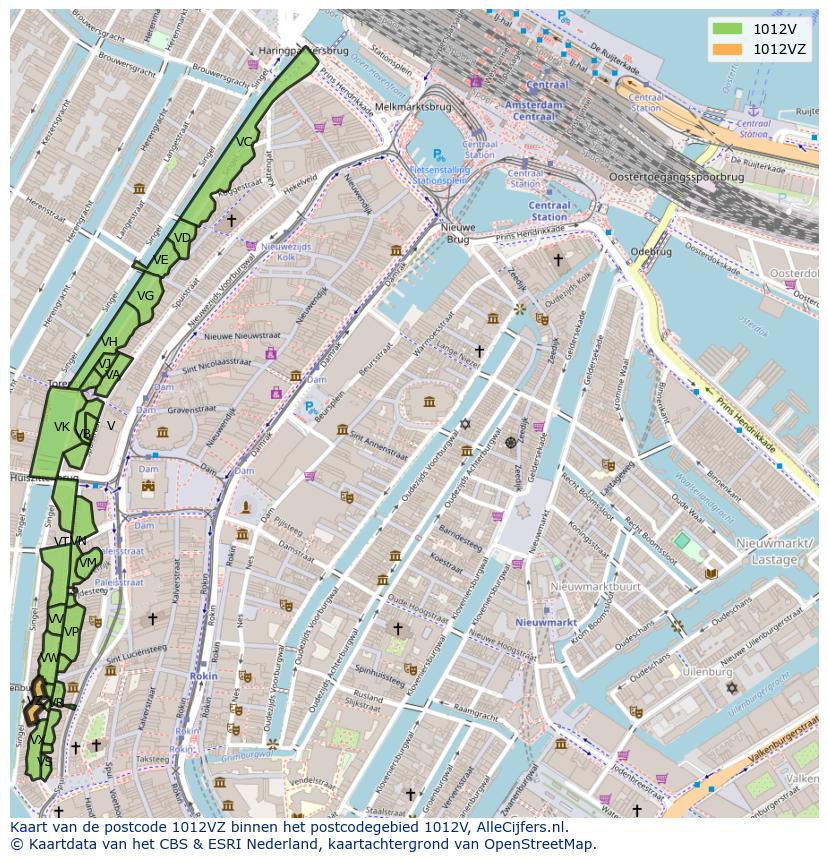 Afbeelding van het postcodegebied 1012 VZ op de kaart.