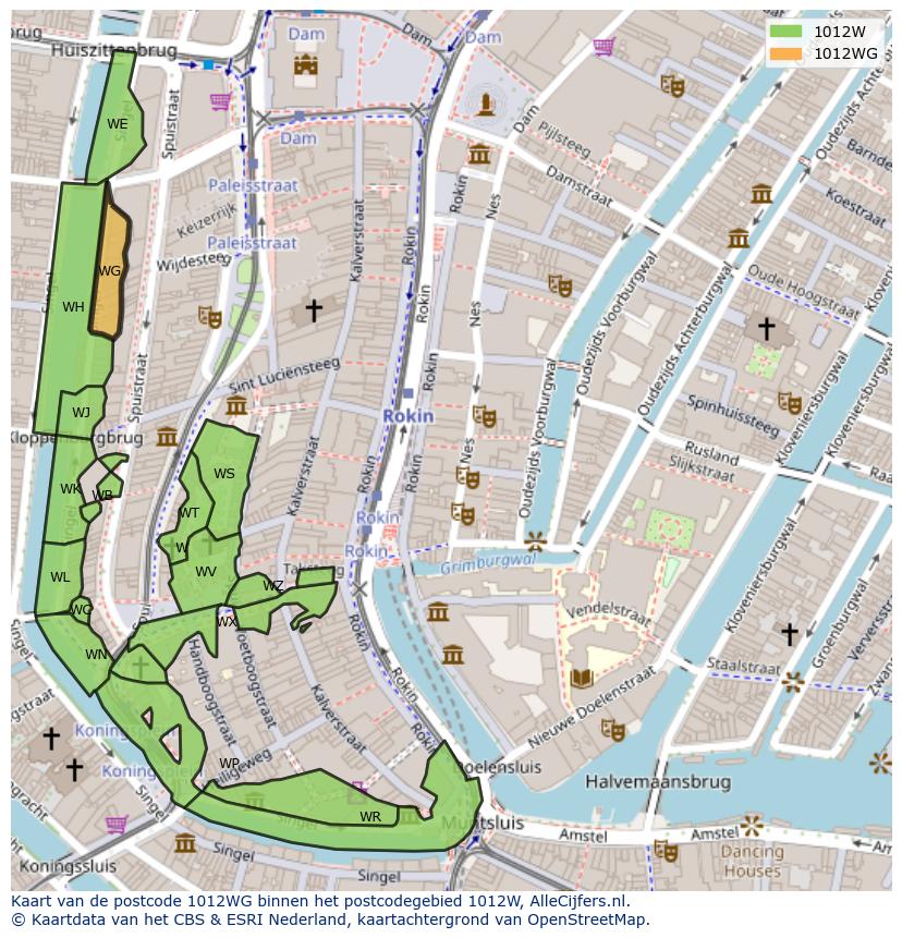 Afbeelding van het postcodegebied 1012 WG op de kaart.