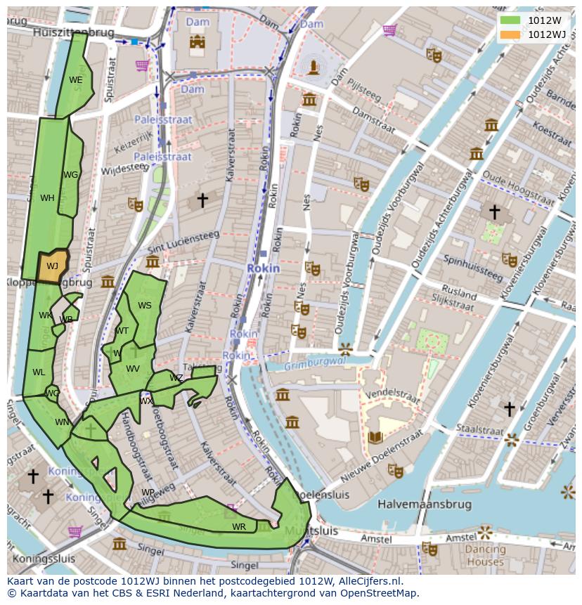 Afbeelding van het postcodegebied 1012 WJ op de kaart.