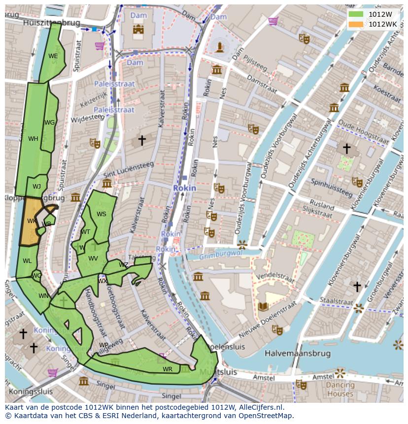 Afbeelding van het postcodegebied 1012 WK op de kaart.