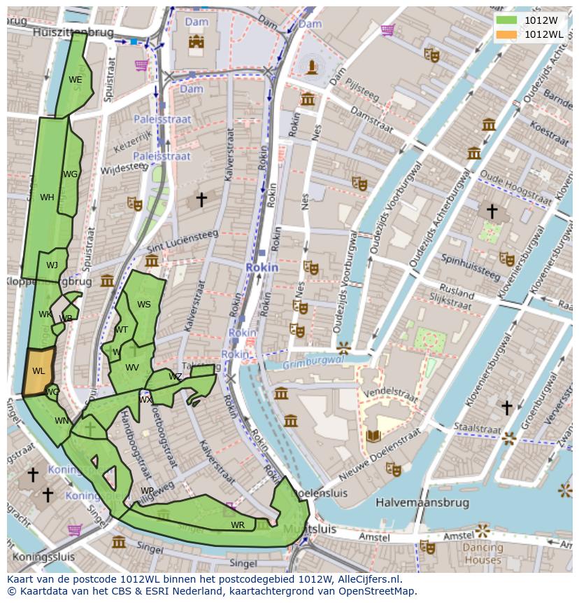 Afbeelding van het postcodegebied 1012 WL op de kaart.