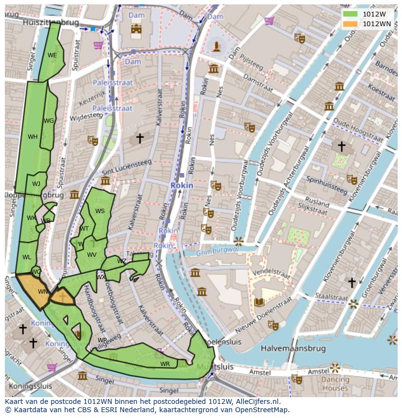 Afbeelding van het postcodegebied 1012 WN op de kaart.
