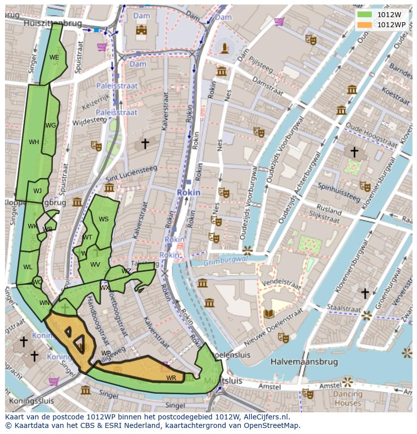 Afbeelding van het postcodegebied 1012 WP op de kaart.