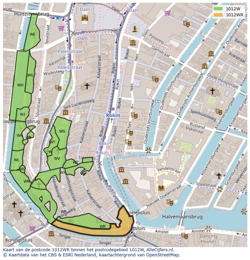 Afbeelding van het postcodegebied 1012 WR op de kaart.