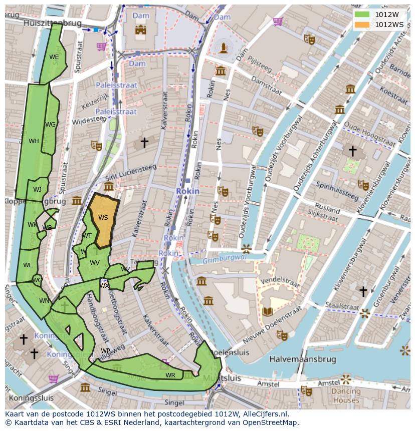 Afbeelding van het postcodegebied 1012 WS op de kaart.