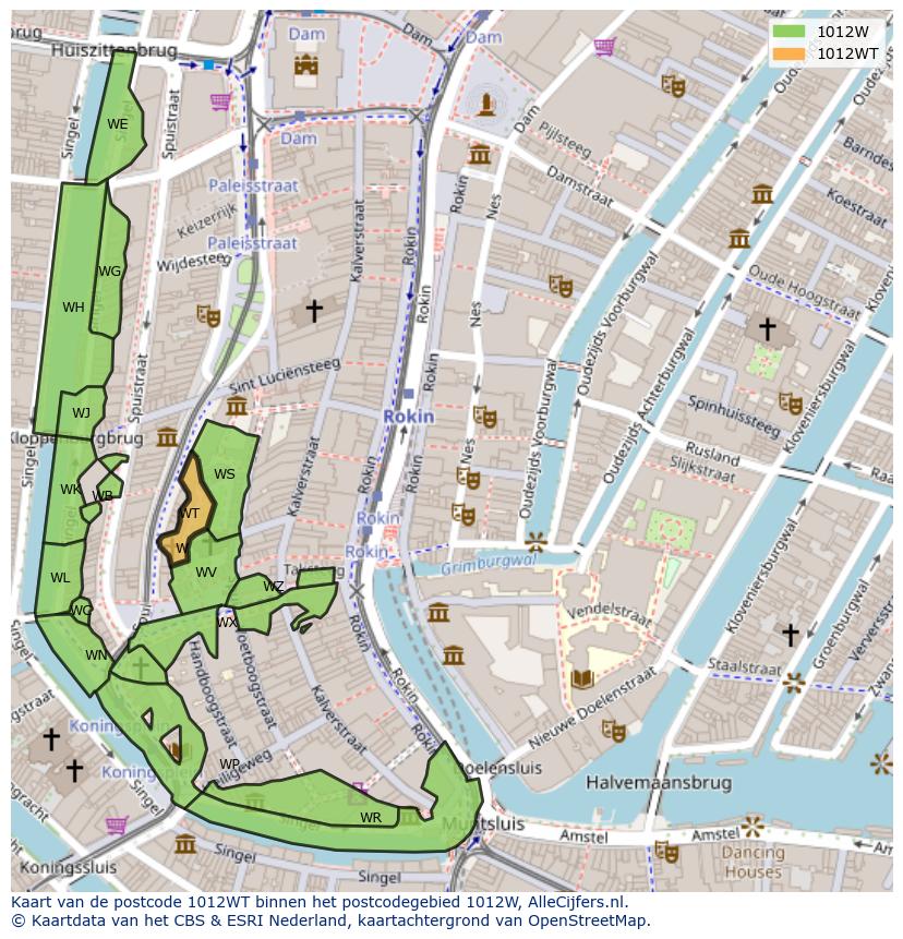 Afbeelding van het postcodegebied 1012 WT op de kaart.
