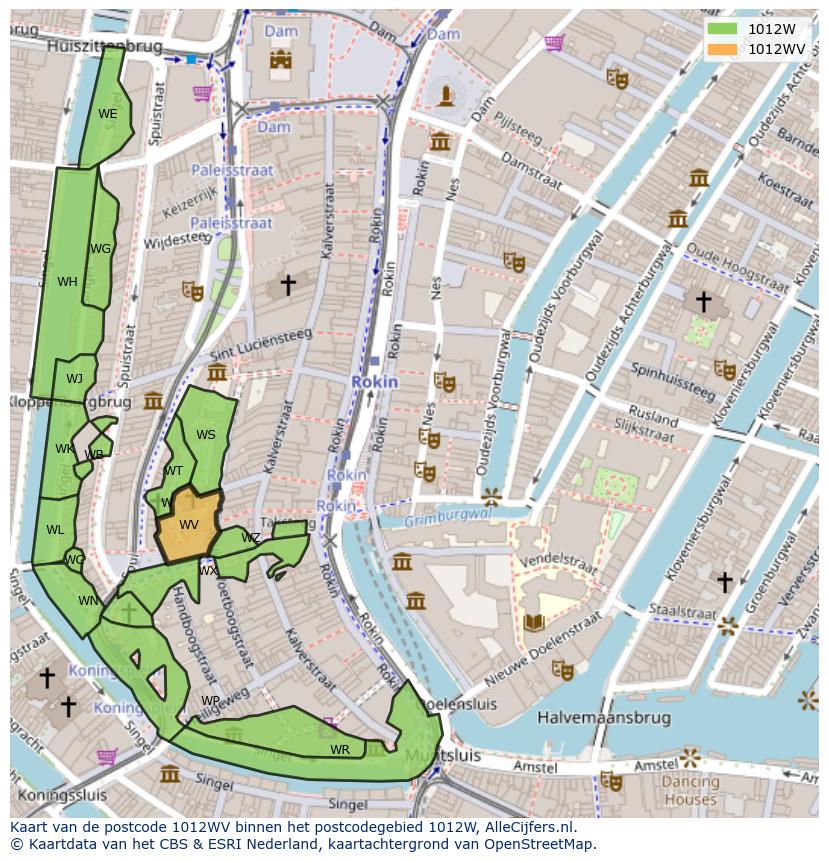 Afbeelding van het postcodegebied 1012 WV op de kaart.