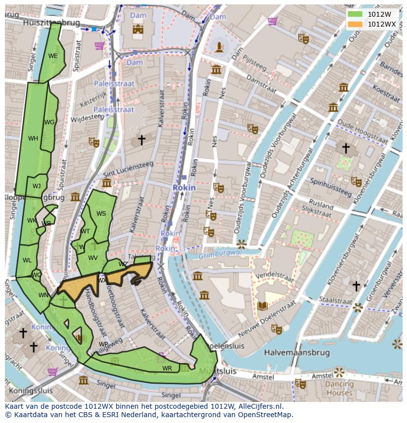 Afbeelding van het postcodegebied 1012 WX op de kaart.