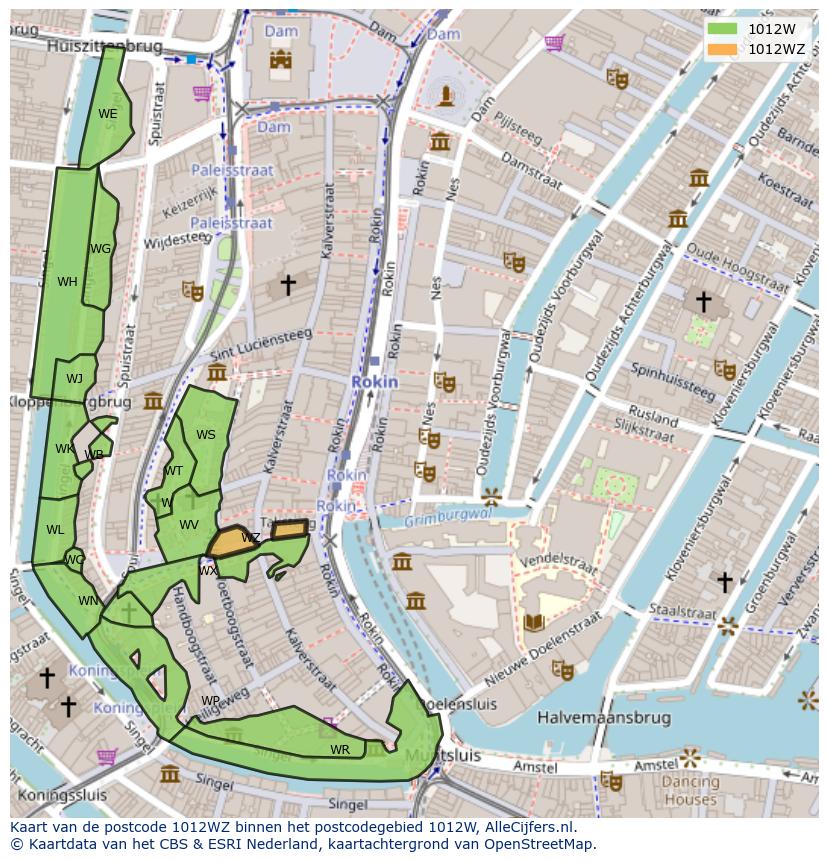 Afbeelding van het postcodegebied 1012 WZ op de kaart.