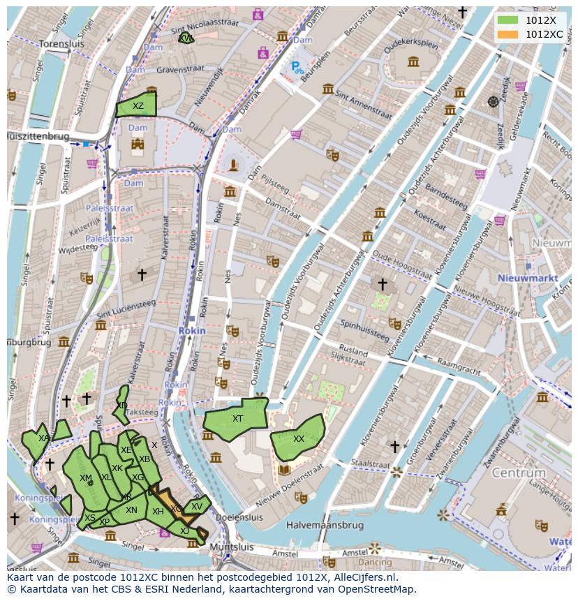Afbeelding van het postcodegebied 1012 XC op de kaart.