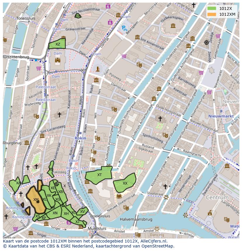 Afbeelding van het postcodegebied 1012 XM op de kaart.