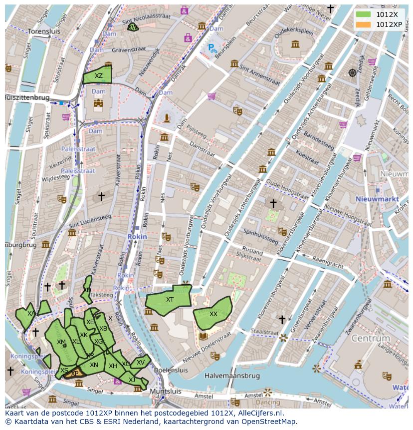 Afbeelding van het postcodegebied 1012 XP op de kaart.