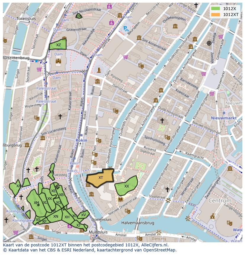 Afbeelding van het postcodegebied 1012 XT op de kaart.