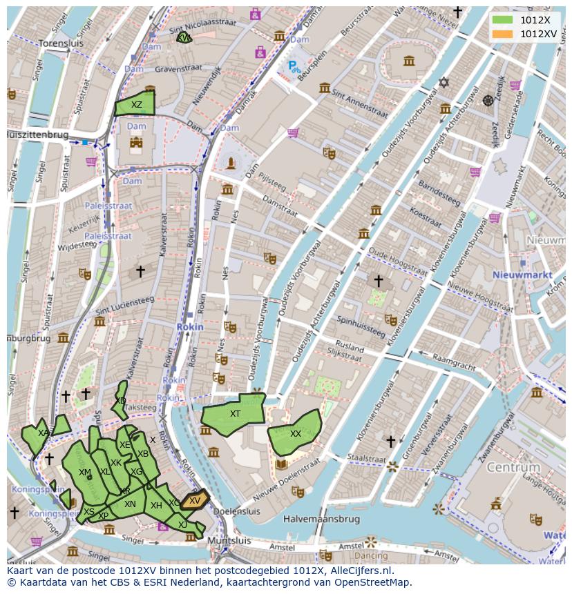 Afbeelding van het postcodegebied 1012 XV op de kaart.