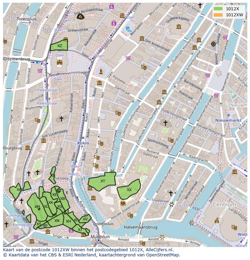 Afbeelding van het postcodegebied 1012 XW op de kaart.
