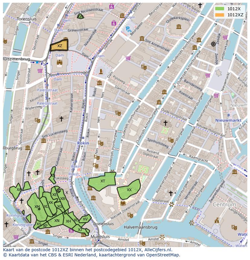 Afbeelding van het postcodegebied 1012 XZ op de kaart.
