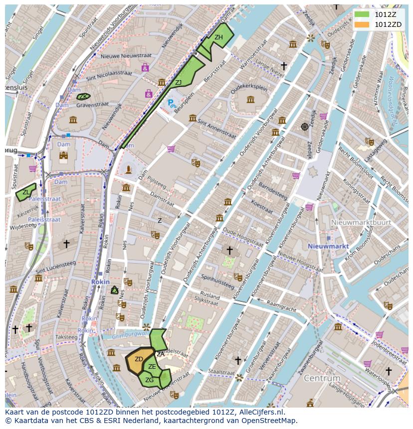 Afbeelding van het postcodegebied 1012 ZD op de kaart.