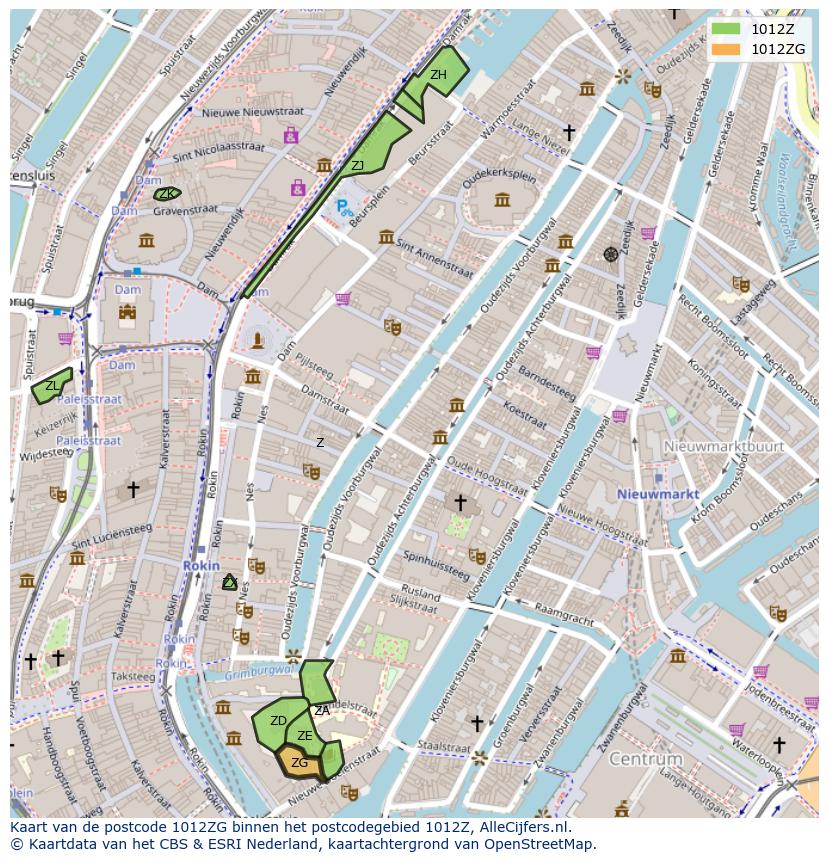 Afbeelding van het postcodegebied 1012 ZG op de kaart.