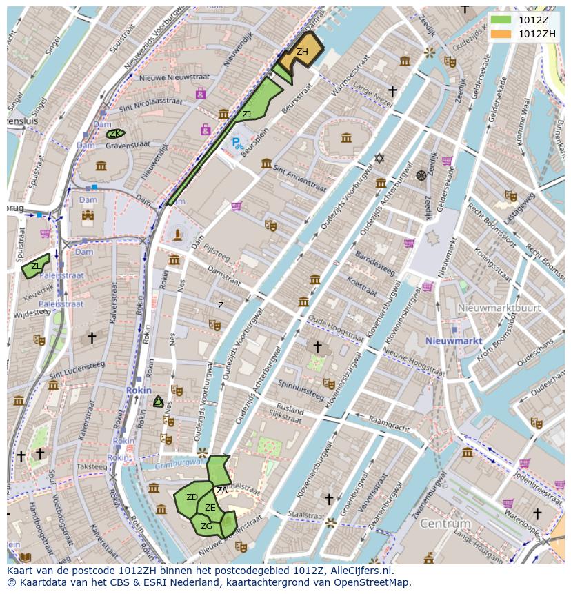Afbeelding van het postcodegebied 1012 ZH op de kaart.