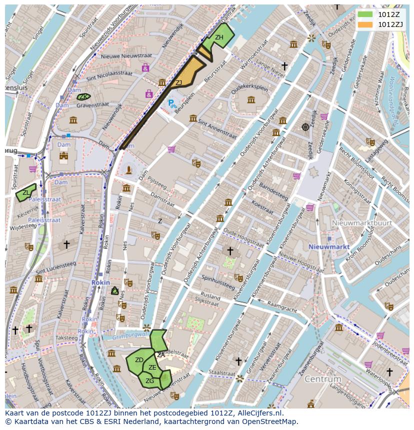Afbeelding van het postcodegebied 1012 ZJ op de kaart.