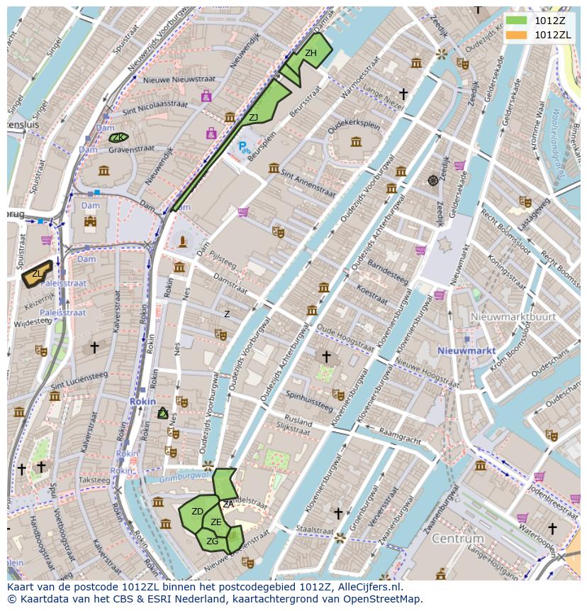 Afbeelding van het postcodegebied 1012 ZL op de kaart.