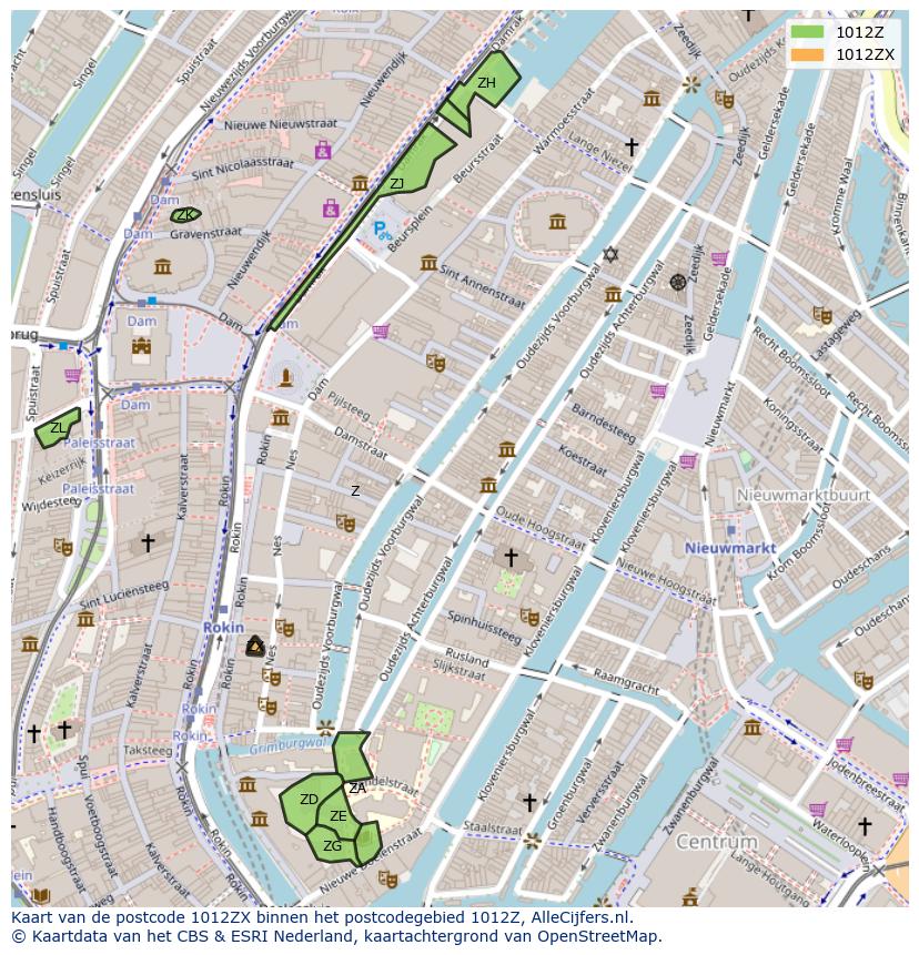 Afbeelding van het postcodegebied 1012 ZX op de kaart.