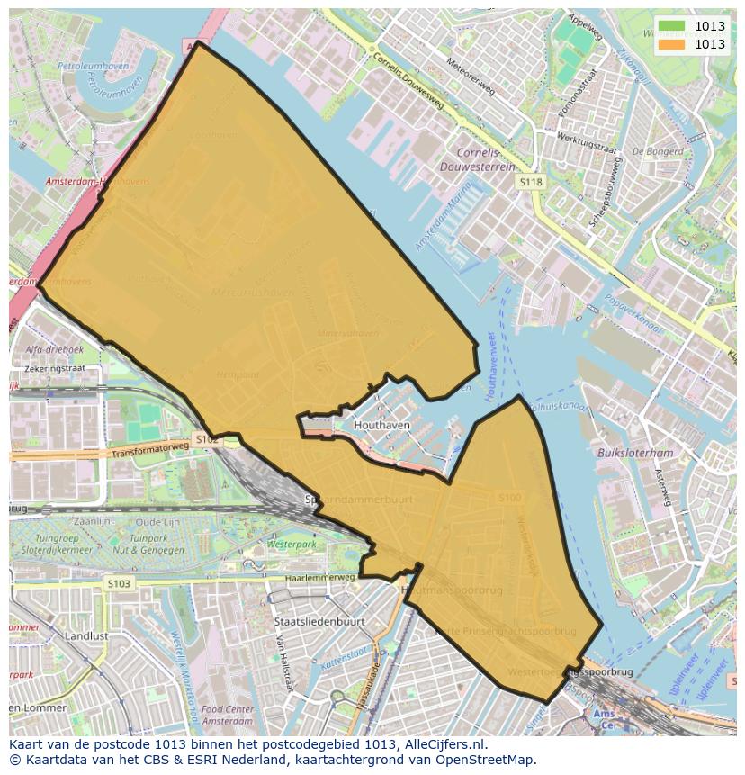 Afbeelding van het postcodegebied 1013 op de kaart.