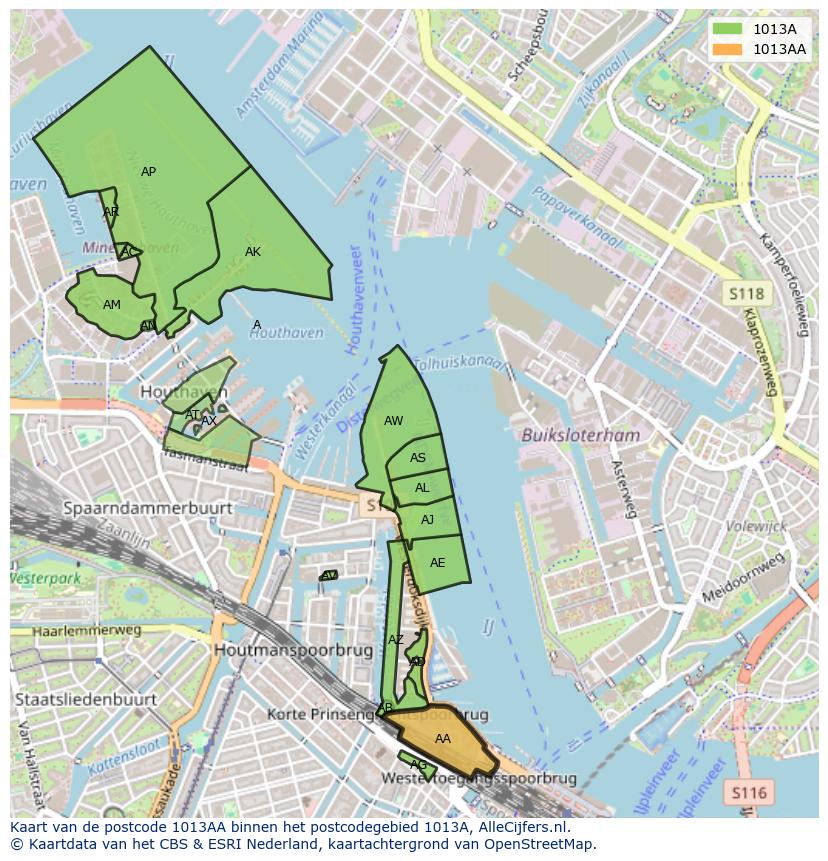 Afbeelding van het postcodegebied 1013 AA op de kaart.