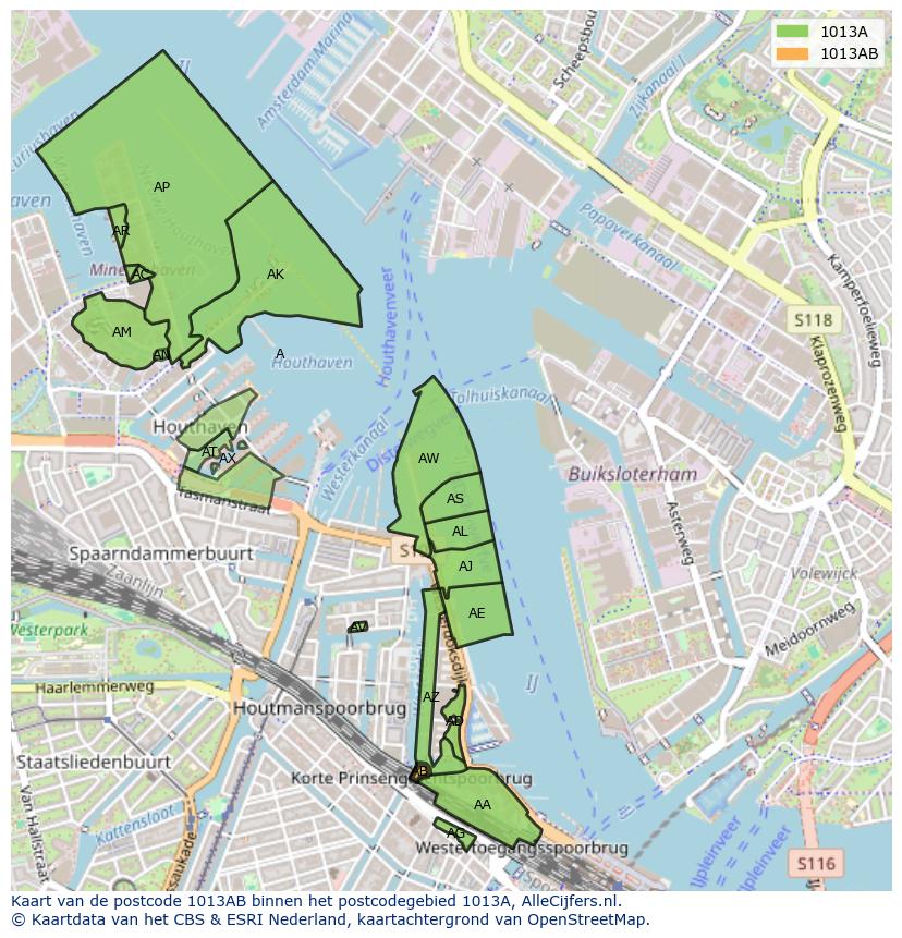 Afbeelding van het postcodegebied 1013 AB op de kaart.